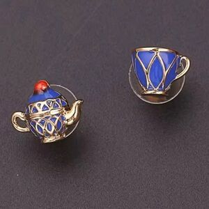 Alice In Wonderland Gold Enameled Blue Teapot & Teacup Stud Earrings